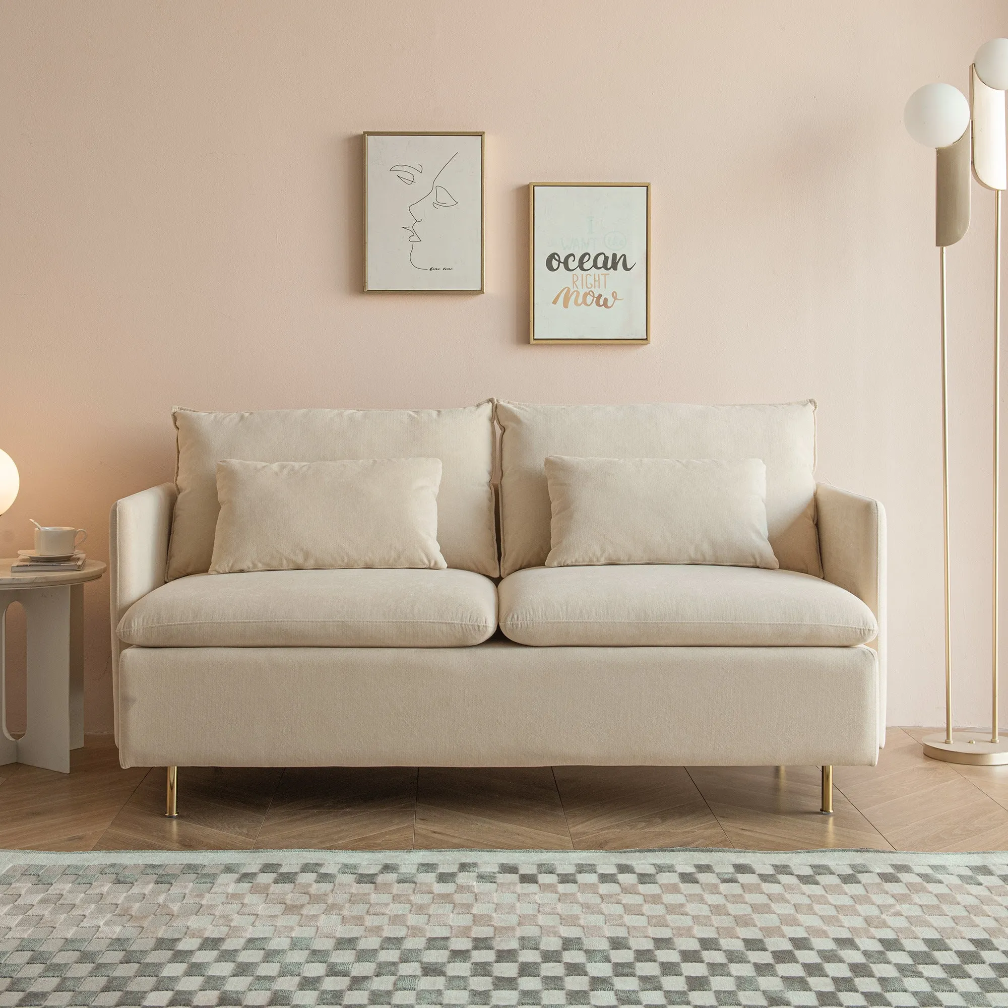 Modern Upholstered Loveseat Sofa;  Beige Cotton Linen-63.8''