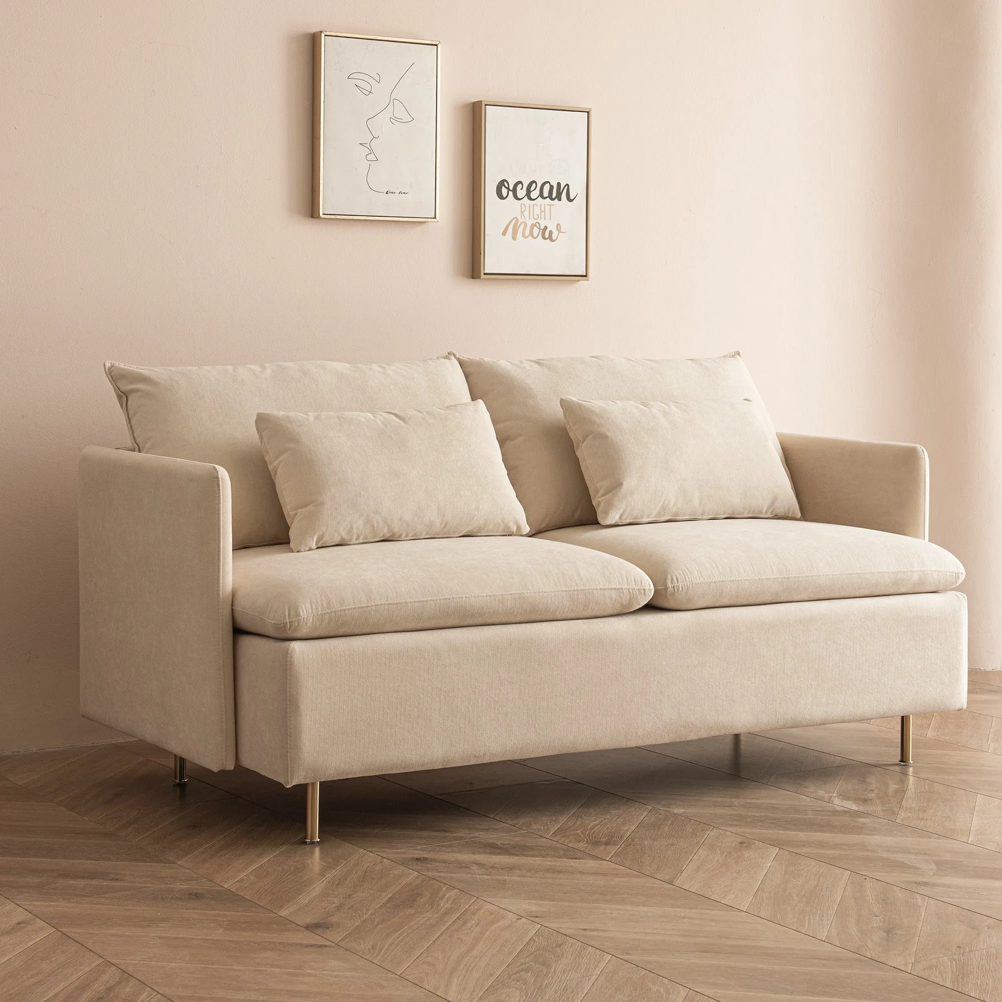 Modern Upholstered Loveseat Sofa;  Beige Cotton Linen-63.8''