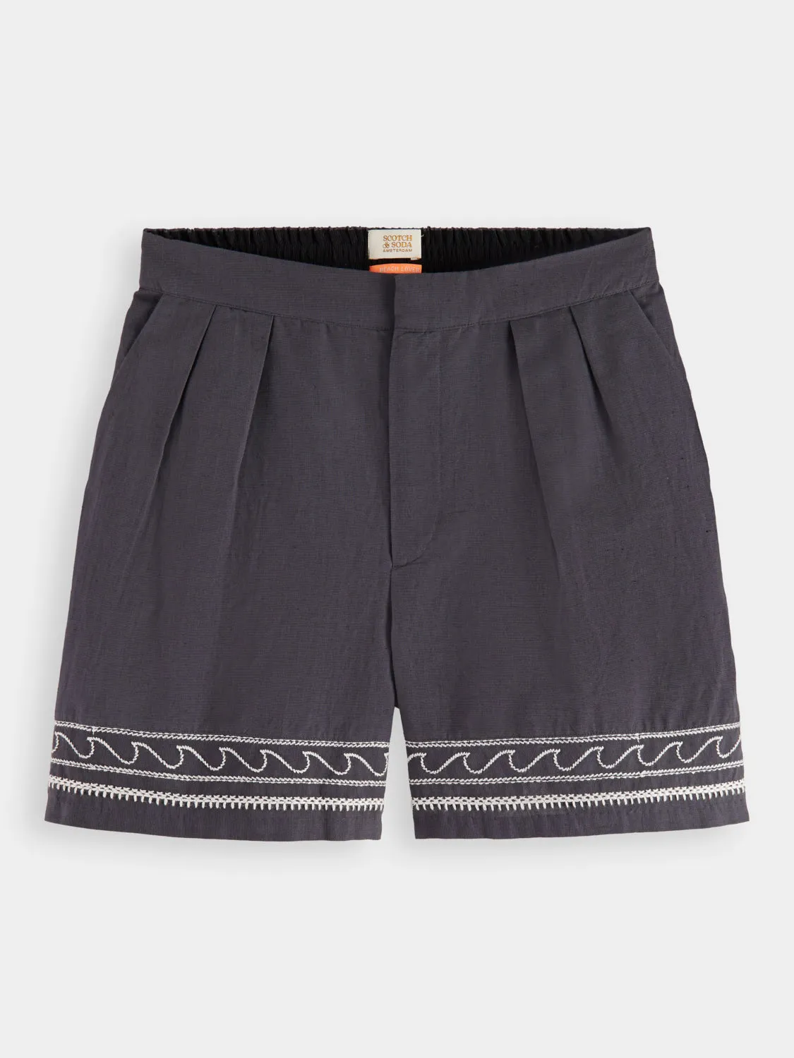 Palm embroidered high-rise linen shorts