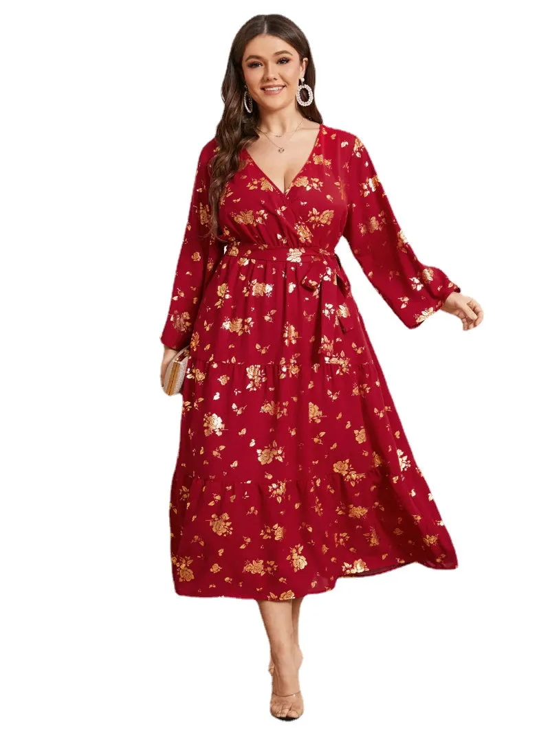 Plus Size V Neck Floral Print Belt Design Dress