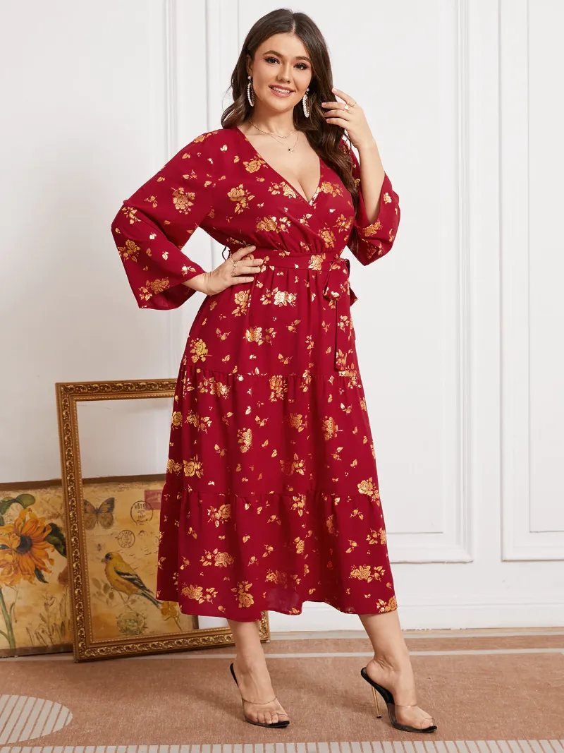 Plus Size V Neck Floral Print Belt Design Dress
