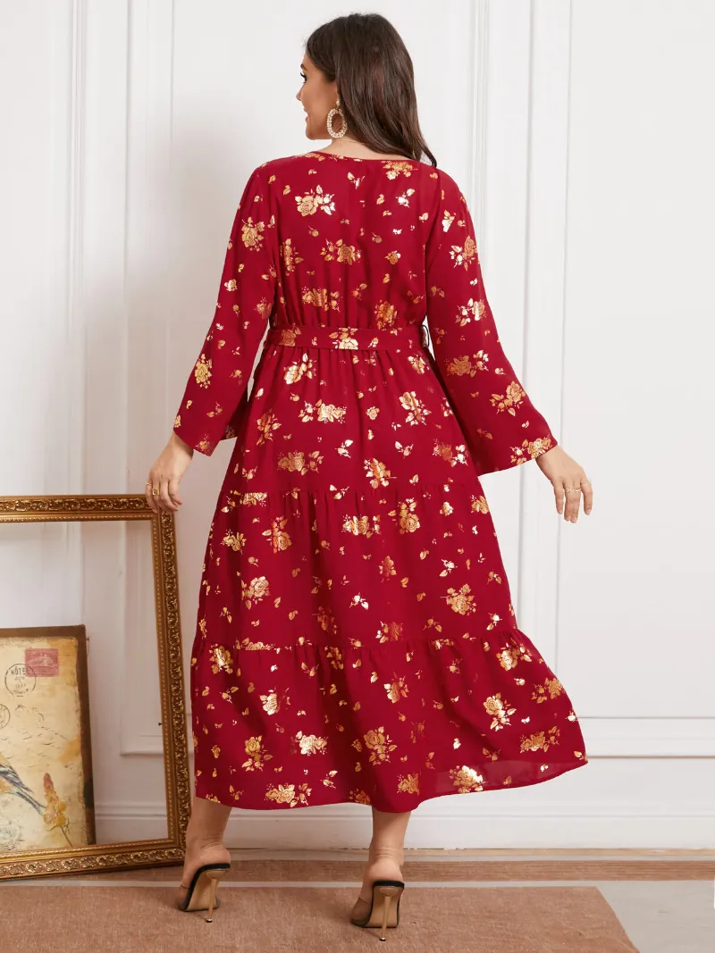 Plus Size V Neck Floral Print Belt Design Dress
