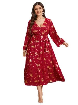 Plus Size V Neck Floral Print Belt Design Dress