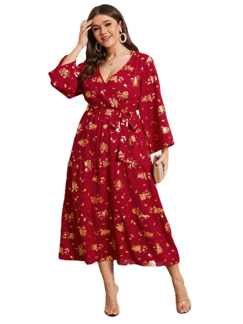 Plus Size V Neck Floral Print Belt Design Dress