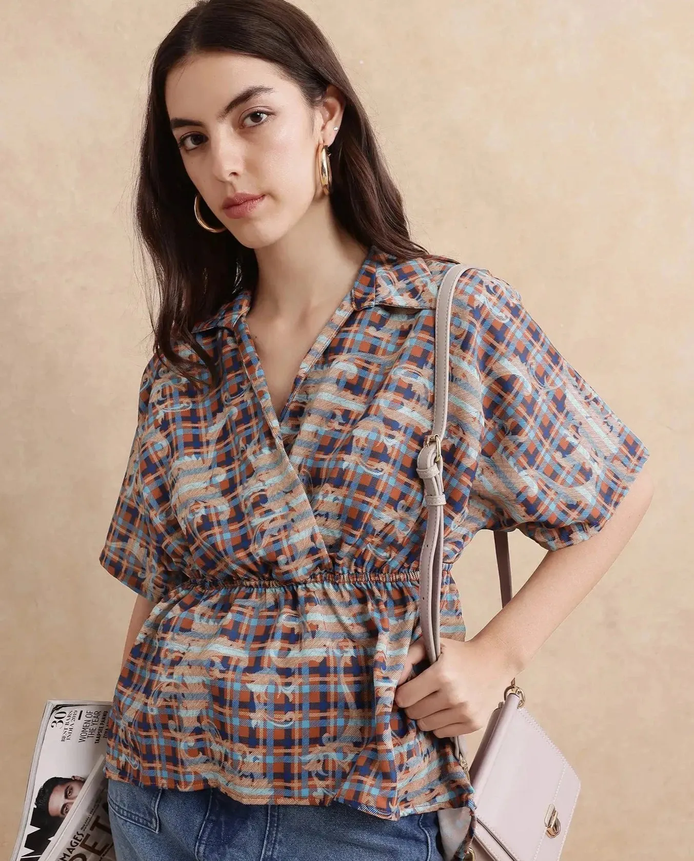 Rareism Women Copo Dark Multi Polyester Fabric Kimono Sleeve Jonny Collar Geometric Print Top