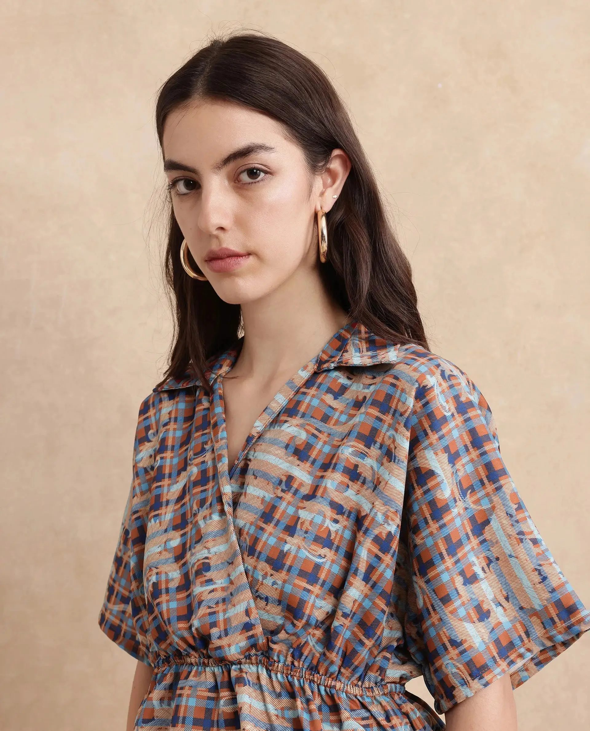 Rareism Women Copo Dark Multi Polyester Fabric Kimono Sleeve Jonny Collar Geometric Print Top
