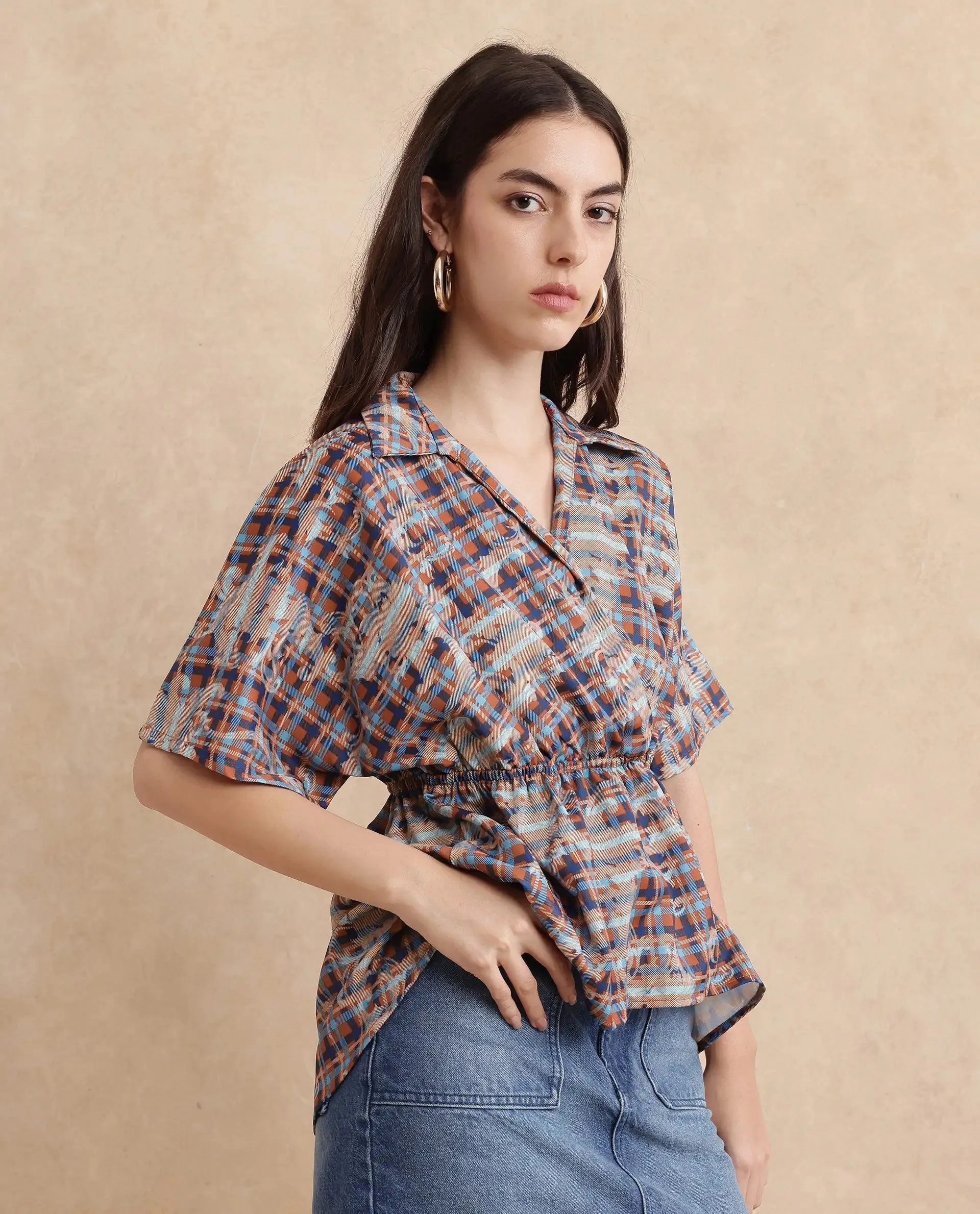 Rareism Women Copo Dark Multi Polyester Fabric Kimono Sleeve Jonny Collar Geometric Print Top