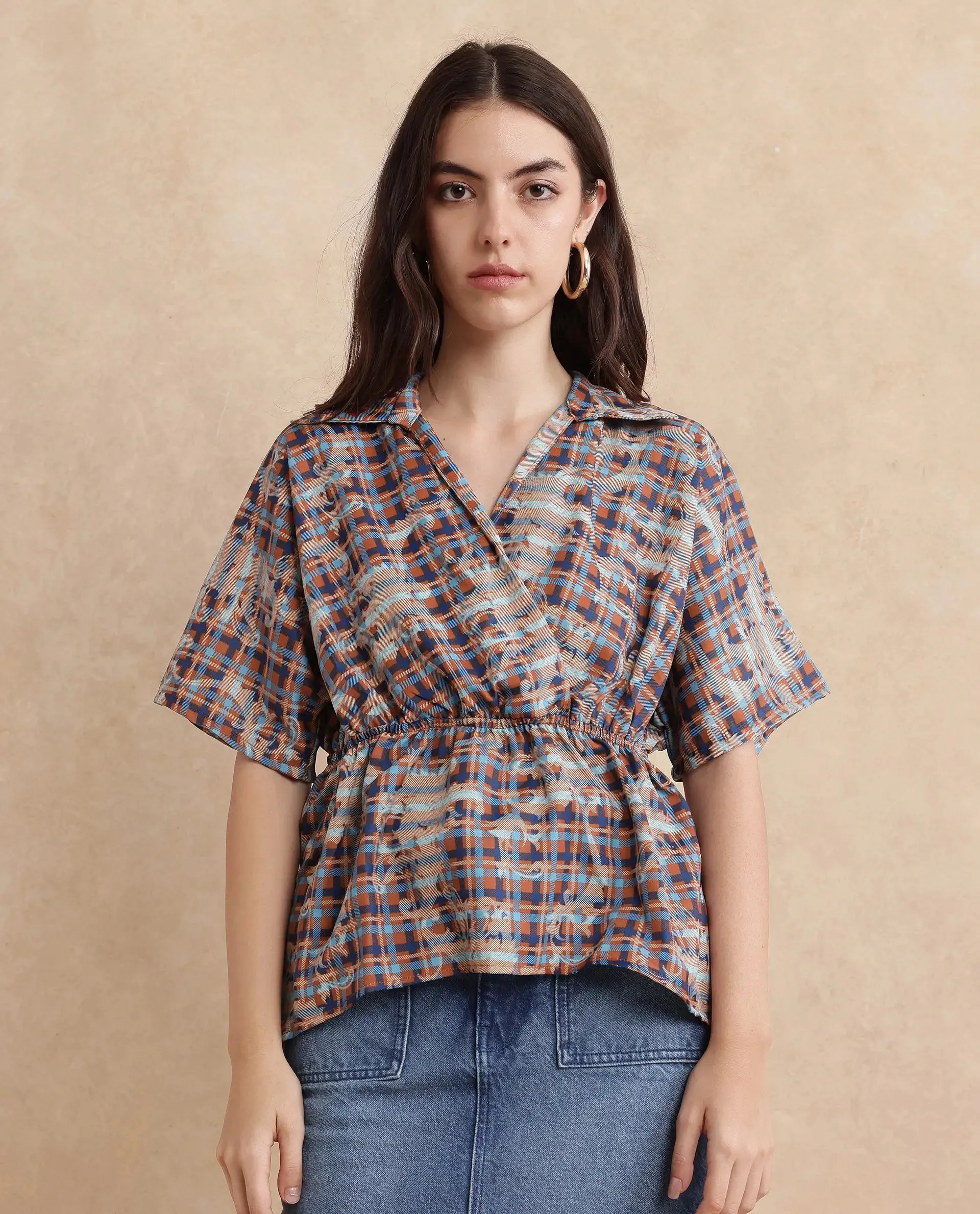 Rareism Women Copo Dark Multi Polyester Fabric Kimono Sleeve Jonny Collar Geometric Print Top