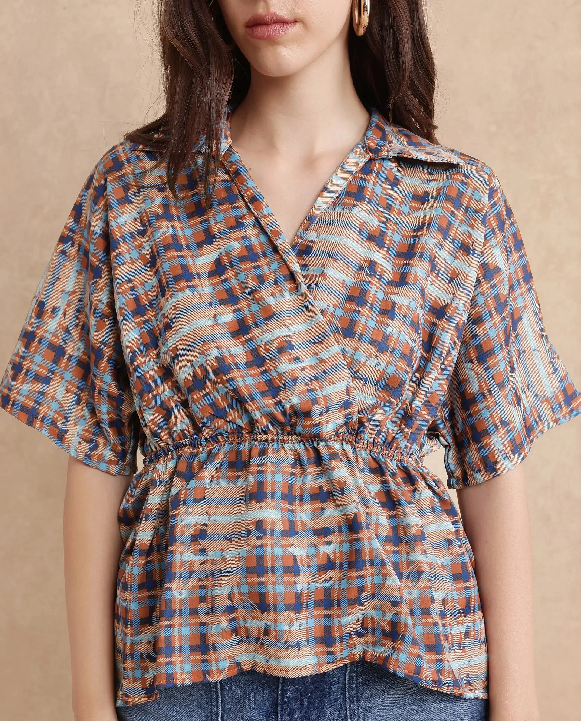 Rareism Women Copo Dark Multi Polyester Fabric Kimono Sleeve Jonny Collar Geometric Print Top