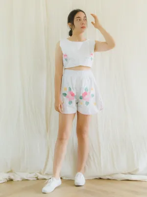 Re-Top & Shorts Vintage Hand Embroidered Vibrant Floral Print White Set