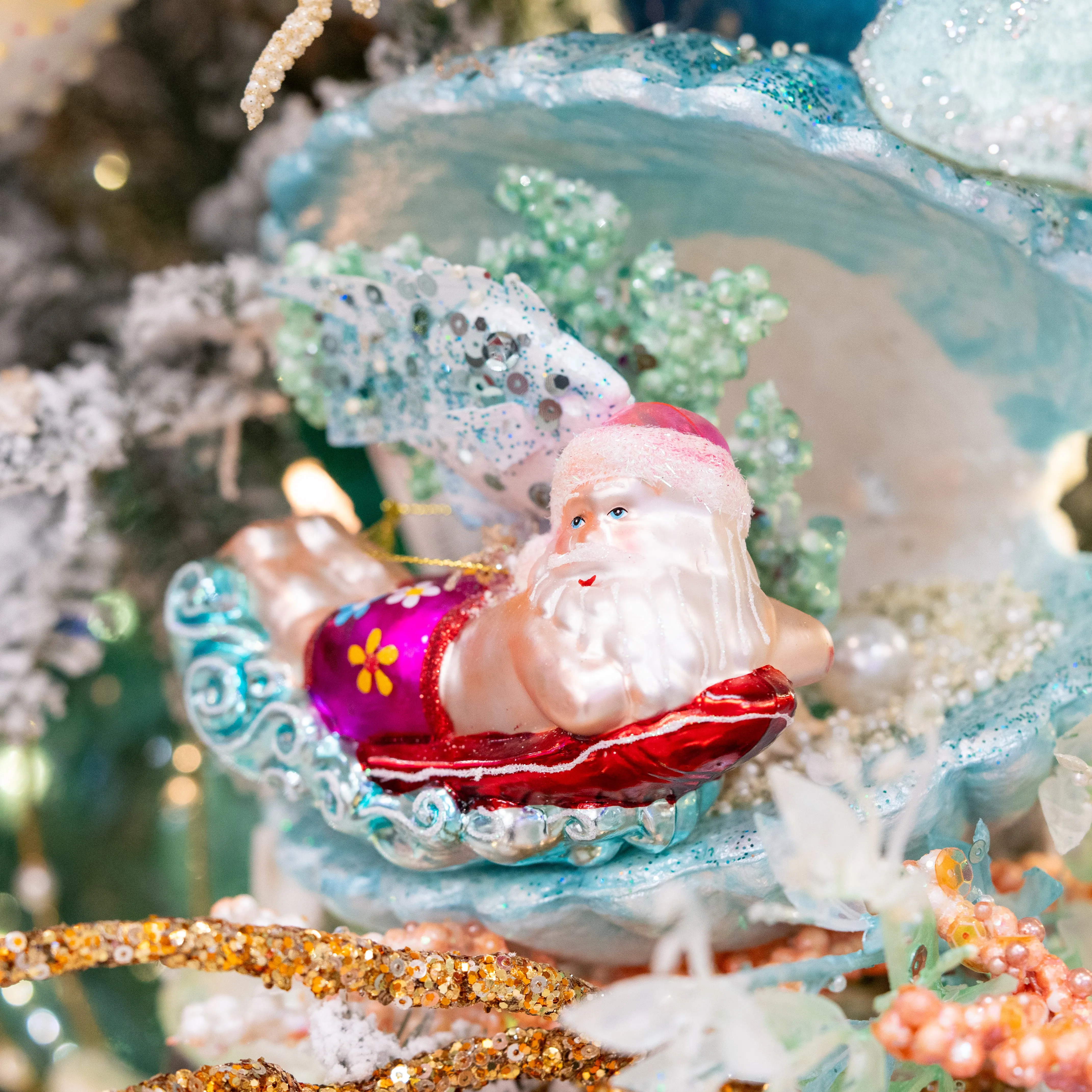 Santa On Boogie Board Ornament
