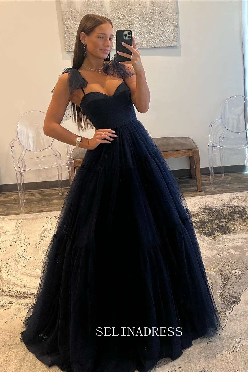 Straps A-Line Black Swiss Dot Tulle Prom Dress with Bow Tie lpk803