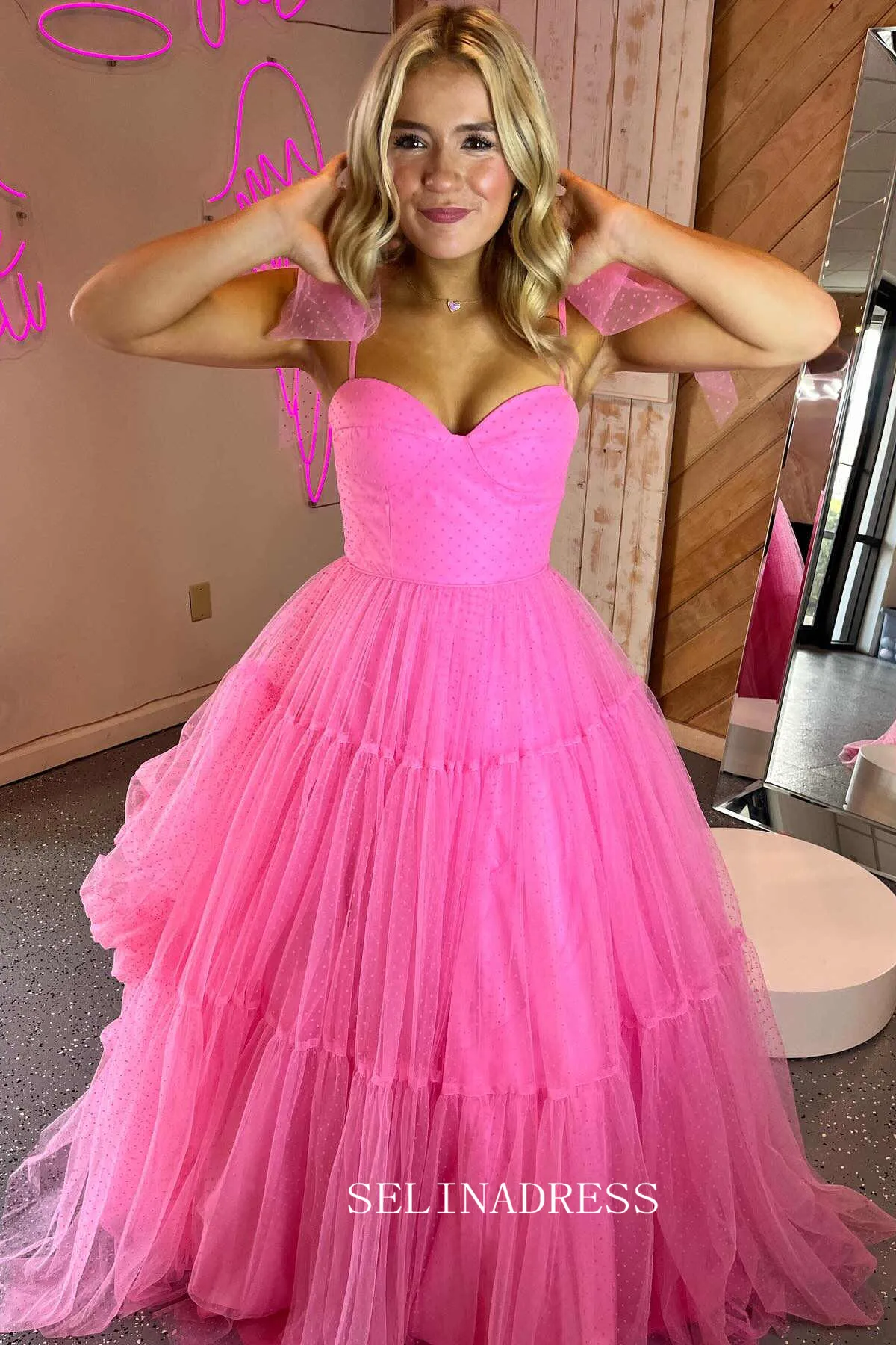 Straps A-Line Black Swiss Dot Tulle Prom Dress with Bow Tie lpk803
