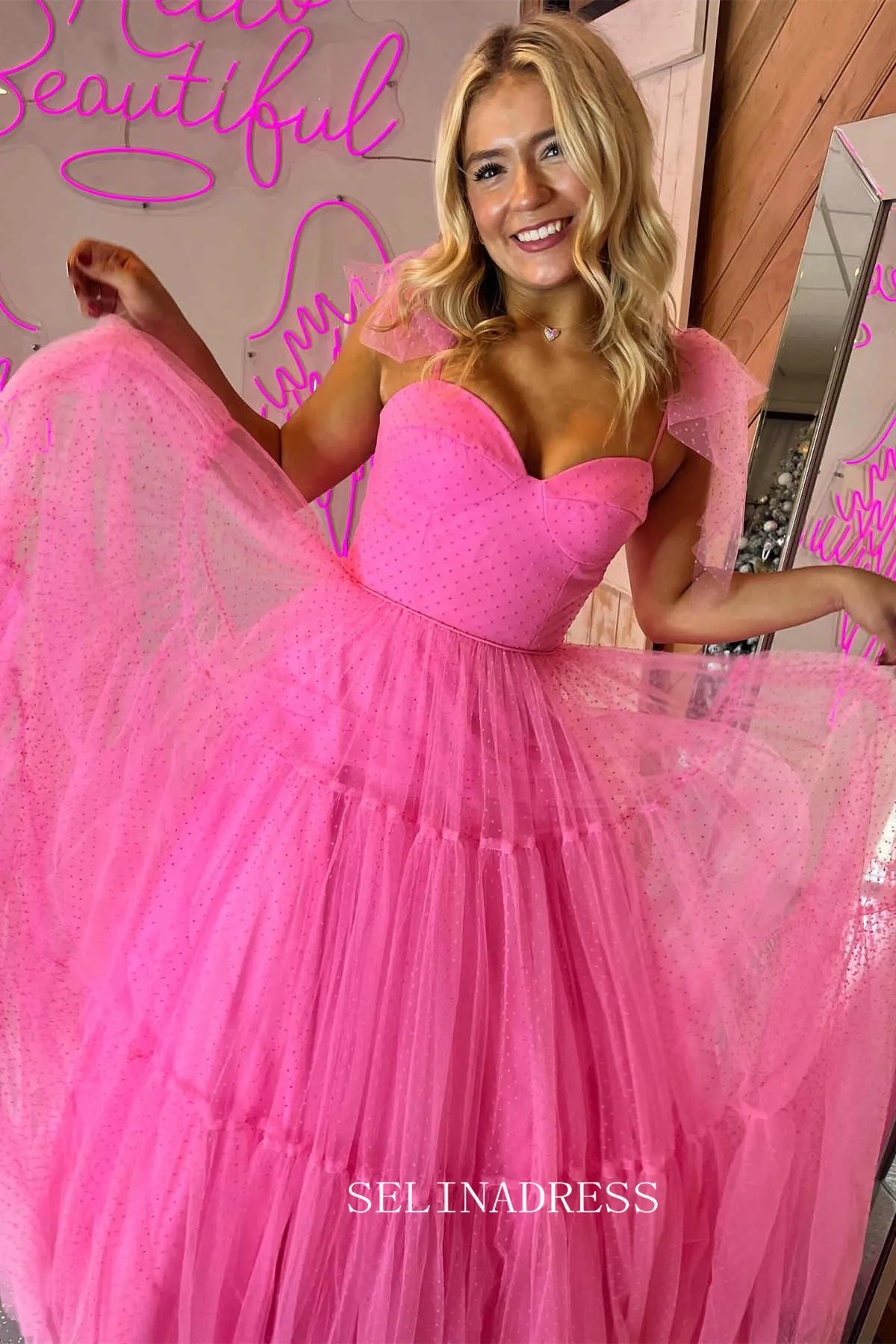 Straps A-Line Black Swiss Dot Tulle Prom Dress with Bow Tie lpk803