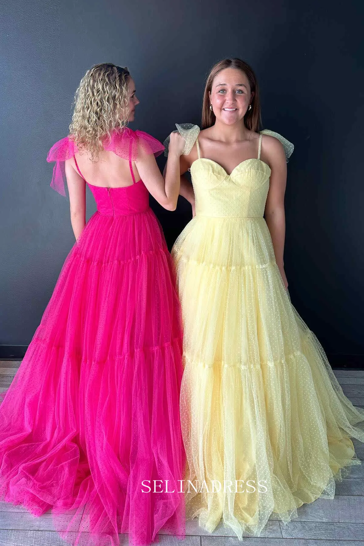 Straps A-Line Black Swiss Dot Tulle Prom Dress with Bow Tie lpk803