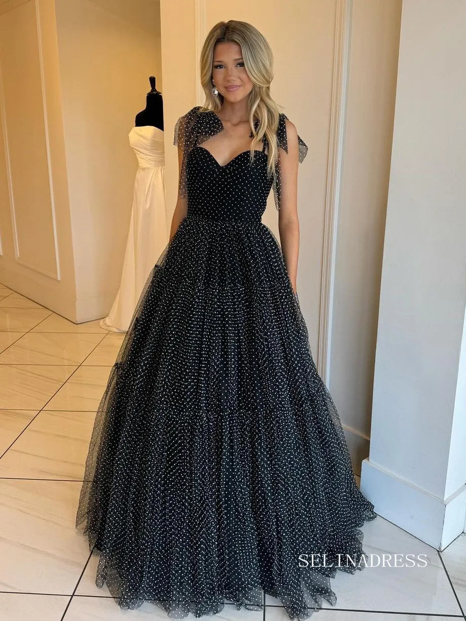 Straps A-Line Black Swiss Dot Tulle Prom Dress with Bow Tie lpk803