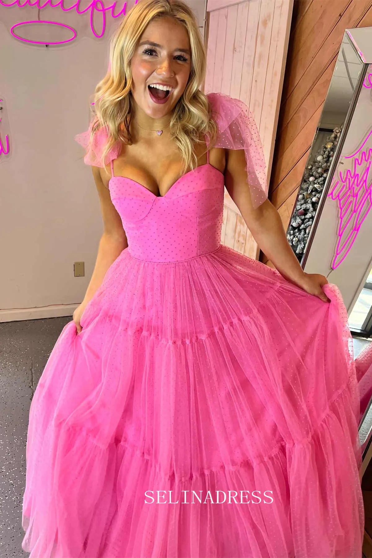 Straps A-Line Black Swiss Dot Tulle Prom Dress with Bow Tie lpk803