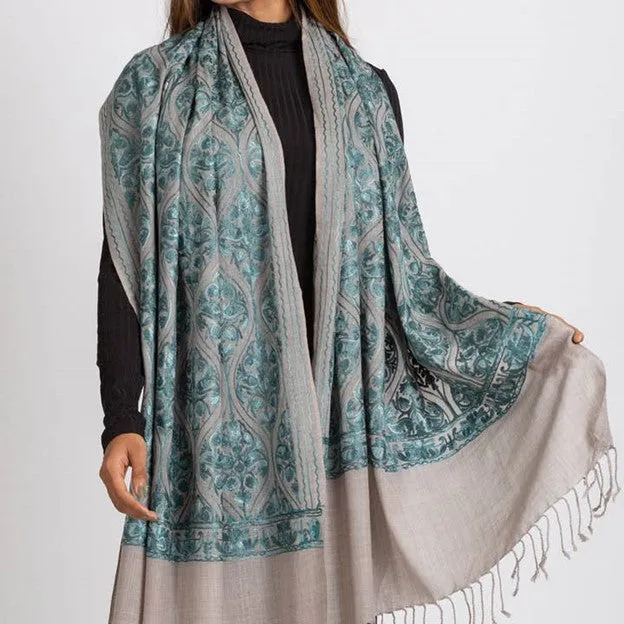 Surani Embroidered Wool Shawl. Collector's shawl. Silver & Aqua