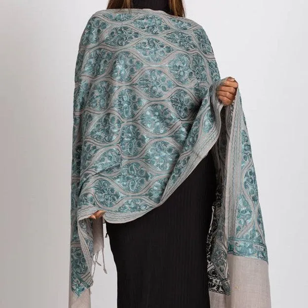 Surani Embroidered Wool Shawl. Collector's shawl. Silver & Aqua