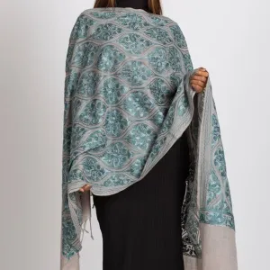 Surani Embroidered Wool Shawl. Collector's shawl. Silver & Aqua