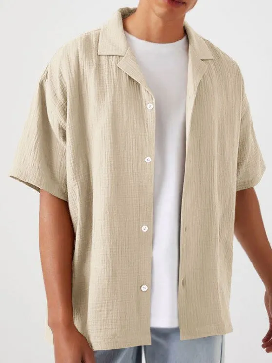 Textured Wrinkle Shirt And Drawstring Shorts Set