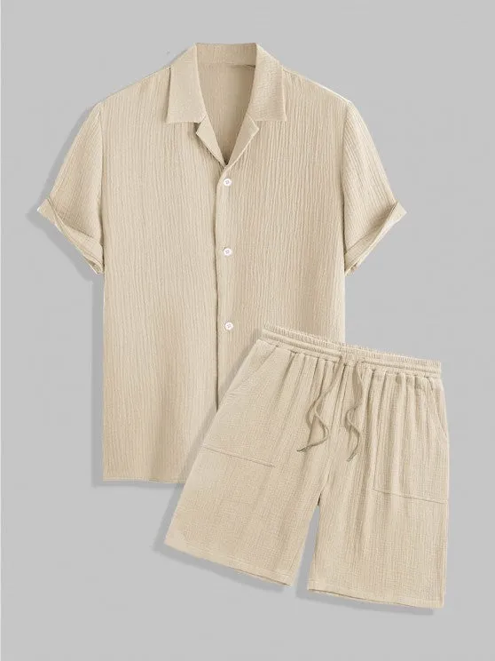 Textured Wrinkle Shirt And Drawstring Shorts Set
