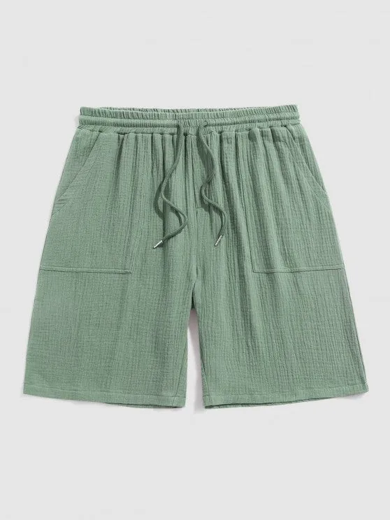 Textured Wrinkle Shirt And Drawstring Shorts Set
