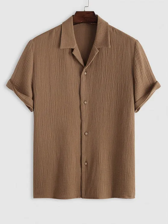 Textured Wrinkle Shirt And Drawstring Shorts Set