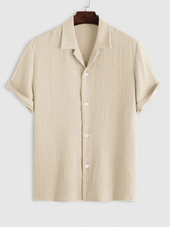 Textured Wrinkle Shirt And Drawstring Shorts Set