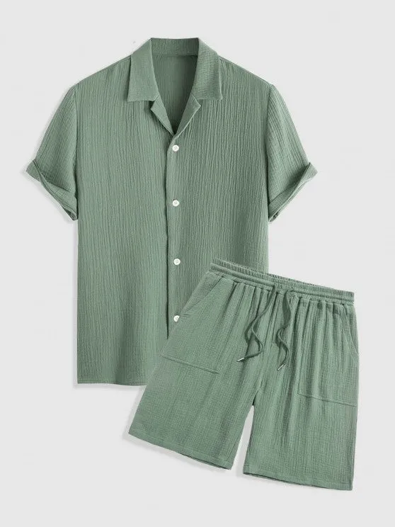 Textured Wrinkle Shirt And Drawstring Shorts Set