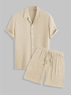 Textured Wrinkle Shirt And Drawstring Shorts Set