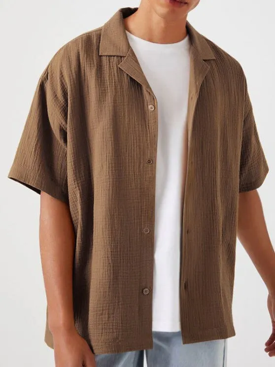 Textured Wrinkle Shirt And Drawstring Shorts Set