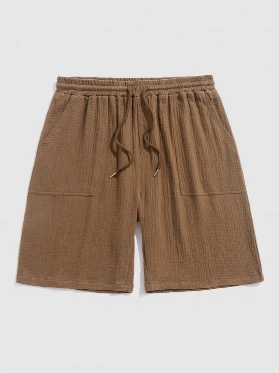 Textured Wrinkle Shirt And Drawstring Shorts Set