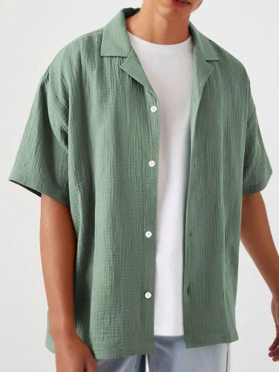 Textured Wrinkle Shirt And Drawstring Shorts Set