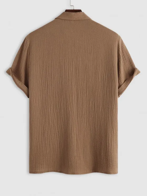 Textured Wrinkle Shirt And Drawstring Shorts Set