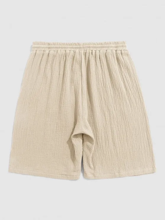 Textured Wrinkle Shirt And Drawstring Shorts Set