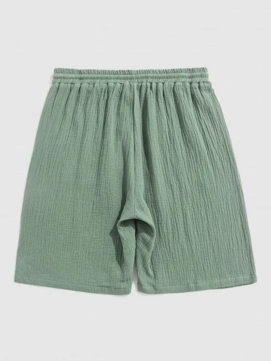 Textured Wrinkle Shirt And Drawstring Shorts Set