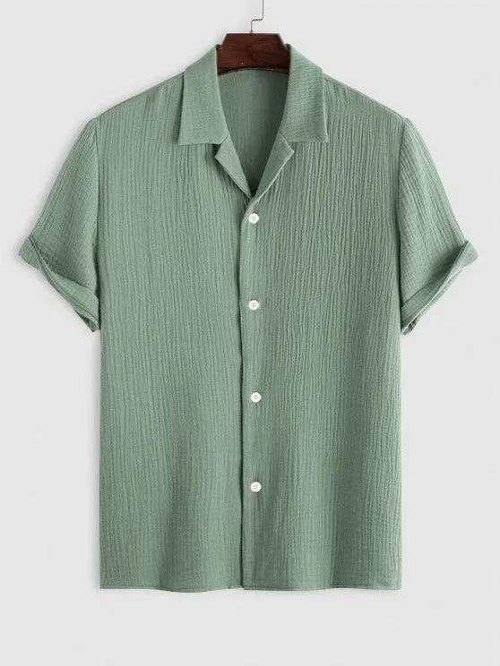 Textured Wrinkle Shirt And Drawstring Shorts Set