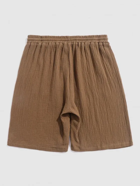 Textured Wrinkle Shirt And Drawstring Shorts Set