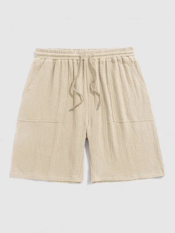 Textured Wrinkle Shirt And Drawstring Shorts Set
