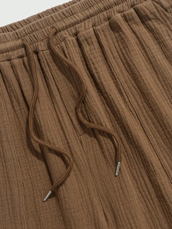 Textured Wrinkle Shirt And Drawstring Shorts Set