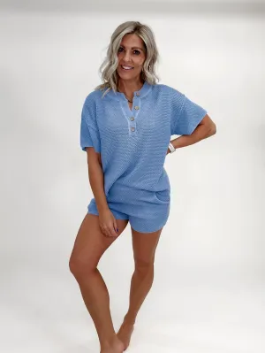 Travel Light Oversized Henley Sweater Set, Powder Blue