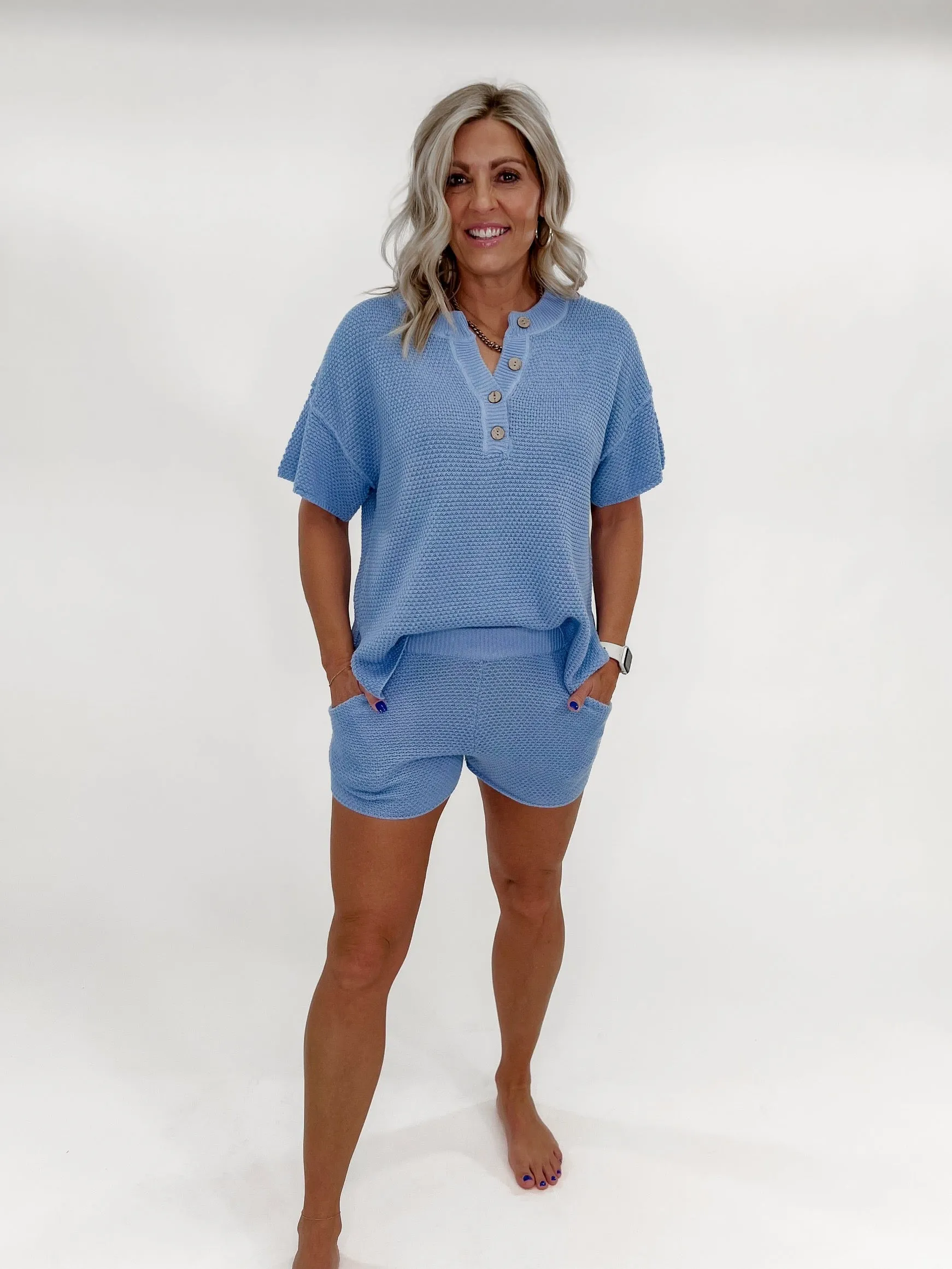 Travel Light Oversized Henley Sweater Set, Powder Blue