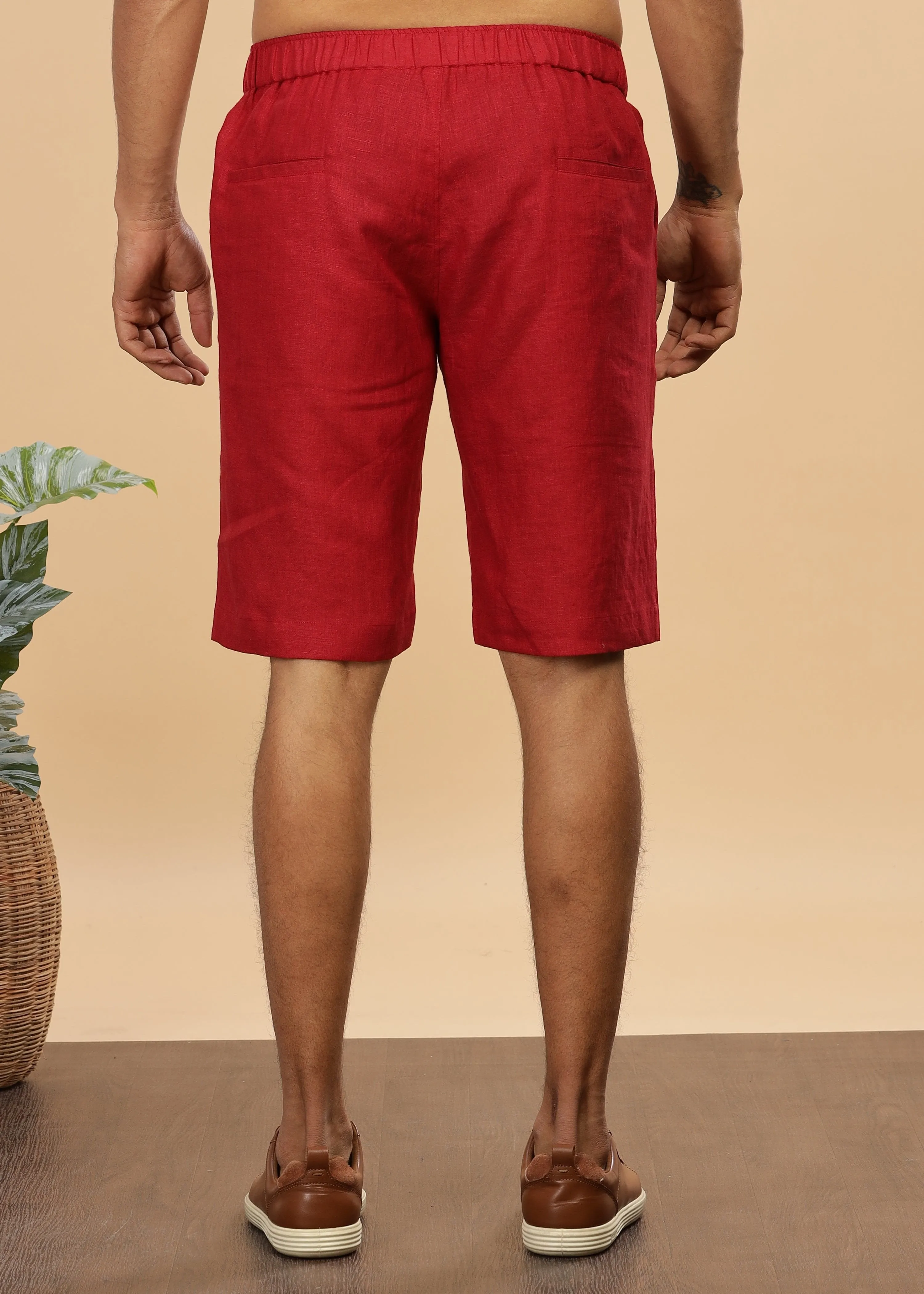 Trio Shorts - Pure Linen Shorts With Elastic Band - Mud Red