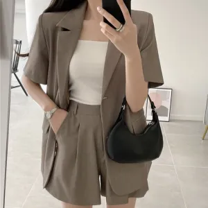 Two Button Short Sleeve Blazer Top Suit Shorts Set