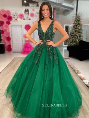 V-neck Orange Tulle Lace Applique Ball Gown Long Prom Dress sew1032