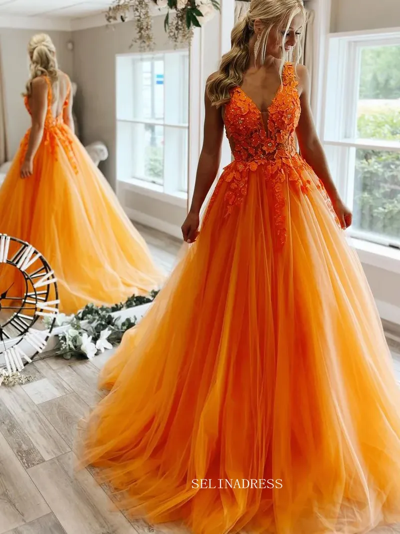 V-neck Orange Tulle Lace Applique Ball Gown Long Prom Dress sew1032