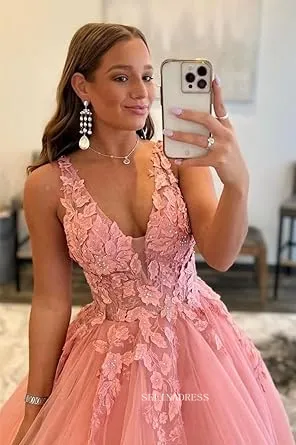 V-neck Orange Tulle Lace Applique Ball Gown Long Prom Dress sew1032