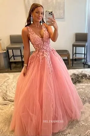 V-neck Orange Tulle Lace Applique Ball Gown Long Prom Dress sew1032