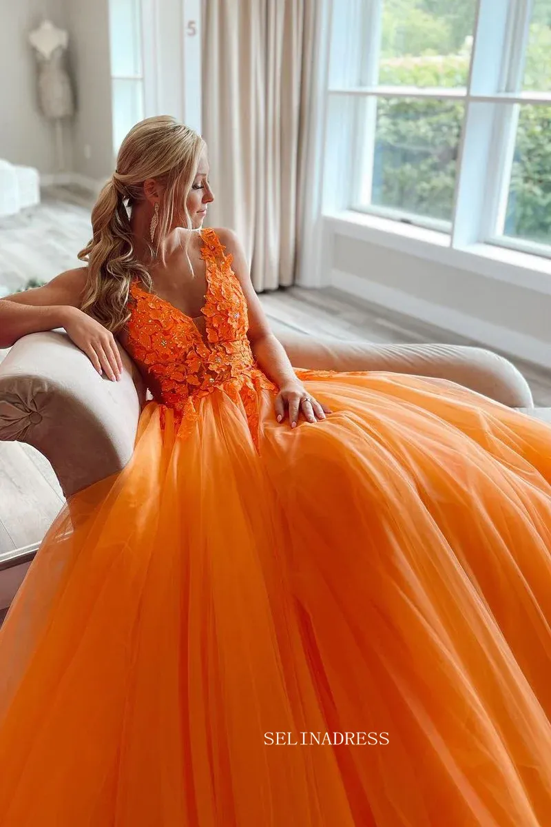 V-neck Orange Tulle Lace Applique Ball Gown Long Prom Dress sew1032